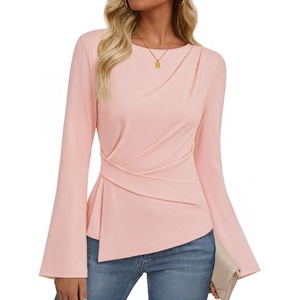 MEROKEETY Women’s Long Sleeve Peplum Shirts 2026 Dressy Fall Casual Tops | Ruched Waist, Crew Neckline, Flared Sleeves, Slim Fit, Business Casual, Work Office Outfit, Going Out, Elegant Trendy Blouses(Pink)
