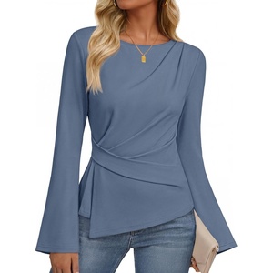 MEROKEETY Women’s Long Sleeve Peplum Shirts 2026 Dressy Fall Casual Tops | Ruched Waist, Crew Neckline, Flared Sleeves, Slim Fit, Business Casual, Work Office Outfit, Going Out, Elegant Trendy Blouses(Dustyblue)