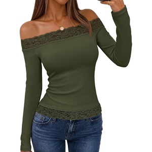 MEROKEETY Women’s Off The Shoulder Long Sleeve Lace Tops | Slim Fitted Shirts, Going Out Tops, 2026 Fall Fashion, Cute, Y2k, Stretchy Fabric, Solid Color Lightweight Floral Knit Tee(Army)