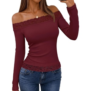 MEROKEETY Women’s Off The Shoulder Long Sleeve Lace Tops | Slim Fitted Shirts, Going Out Tops, 2026 Fall Fashion, Cute, Y2k, Stretchy Fabric, Solid Color Lightweight Floral Knit Tee(Wine)