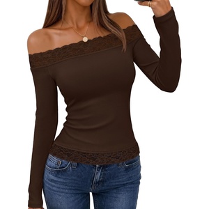 MEROKEETY Women’s Off The Shoulder Long Sleeve Lace Tops | Slim Fitted Shirts, Going Out Tops, 2026 Fall Fashion, Cute, Y2k, Stretchy Fabric, Solid Color Lightweight Floral Knit Tee(Coffee)