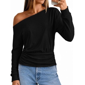 MEROKEETY Women’s Off The Shoulder Tops Long Sleeve Fall Going Out Shirts | One Shoulder, Cinched Waist, Loose Fit, 2026 Y2K Fashion, Cotton, Party, Date Night, Casual Shirts, Elegant Trendy Blouses(Black)