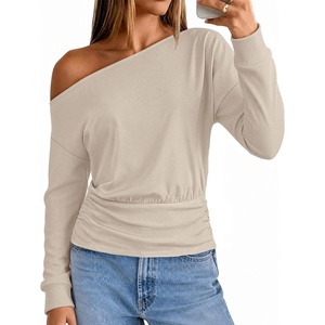 MEROKEETY Women’s Off The Shoulder Tops Long Sleeve Fall Going Out Shirts | One Shoulder, Cinched Waist, Loose Fit, 2026 Y2K Fashion, Cotton, Party, Date Night, Casual Shirts, Elegant Trendy Blouses(Sand)