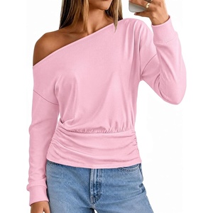 MEROKEETY Women’s Off The Shoulder Tops Long Sleeve Fall Going Out Shirts | One Shoulder, Cinched Waist, Loose Fit, 2026 Y2K Fashion, Cotton, Party, Date Night, Casual Shirts, Elegant Trendy Blouses(Pink)
