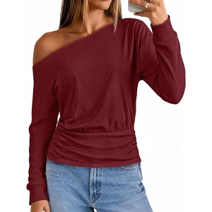 MEROKEETY Women’s Off The Shoulder Tops Long Sleeve Fall Going Out Shirts | One Shoulder, Cinched Waist, Loose Fit, 2026 Y2K Fashion, Cotton, Party, Date Night, Casual Shirts, Elegant Trendy Blouses(Wine)