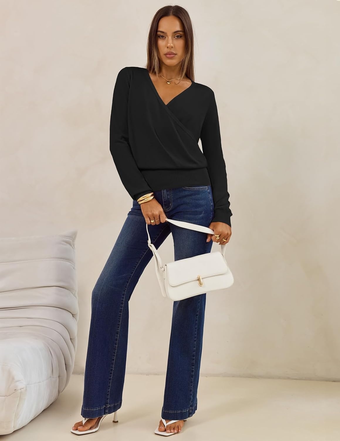 image:imageMEROKEETY 2026 Fall V Neck Wrap Sweaters for Women Knit Tops Long Sleeve Cozy Knit Hidden Snap Dressy Casual Pullover Shirts Fashion Jumper Fall Winter ClothingBlack