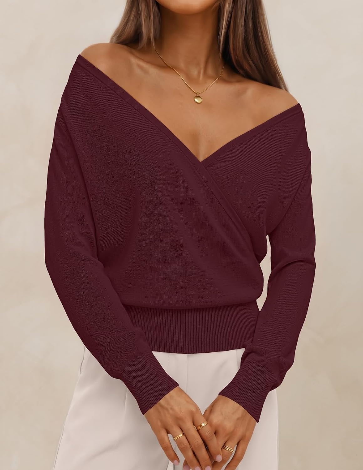 image:imageMEROKEETY 2026 Fall V Neck Wrap Sweaters for Women Knit Tops Long Sleeve Cozy Knit Hidden Snap Dressy Casual Pullover Shirts Fashion Jumper Fall Winter ClothingBurgundy