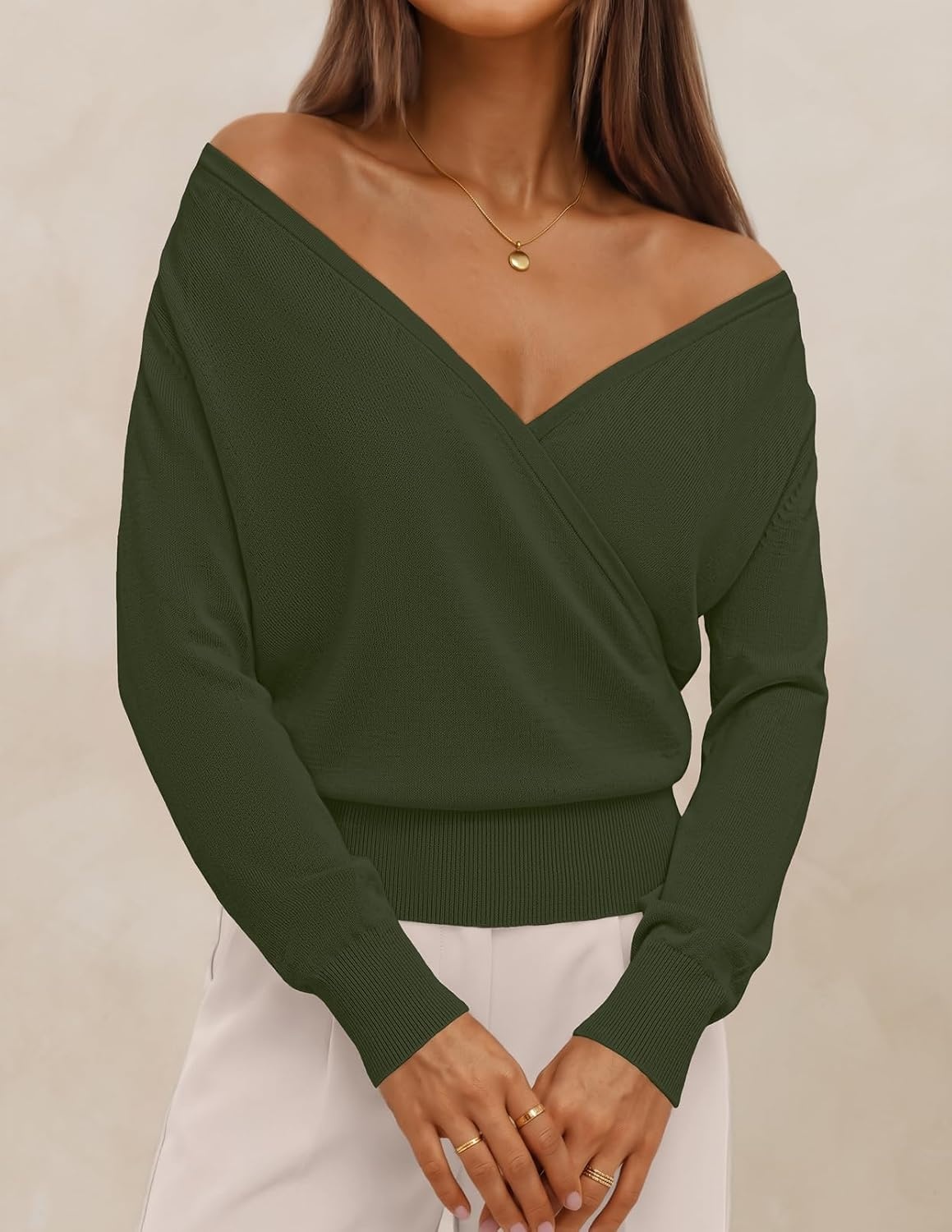 image:imageMEROKEETY 2026 Fall V Neck Wrap Sweaters for Women Knit Tops Long Sleeve Cozy Knit Hidden Snap Dressy Casual Pullover Shirts Fashion Jumper Fall Winter ClothingArmy