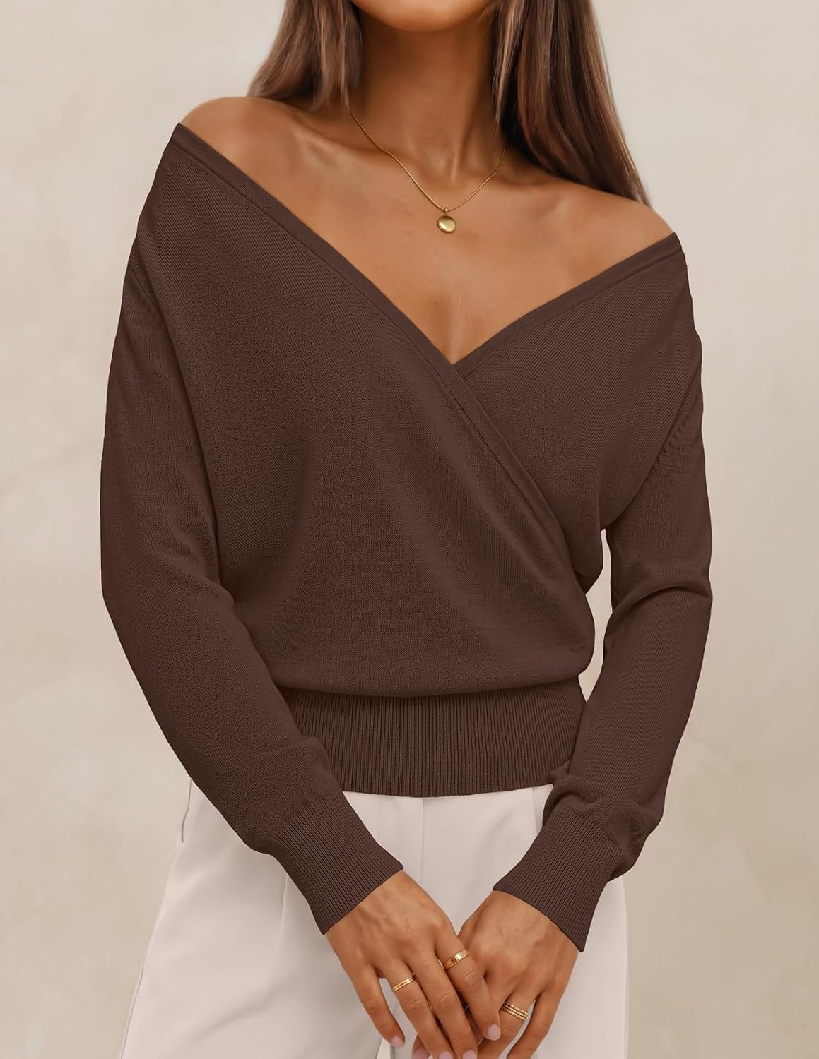 image:imageMEROKEETY 2026 Fall V Neck Wrap Sweaters for Women Knit Tops Long Sleeve Cozy Knit Hidden Snap Dressy Casual Pullover Shirts Fashion Jumper Fall Winter ClothingBrown