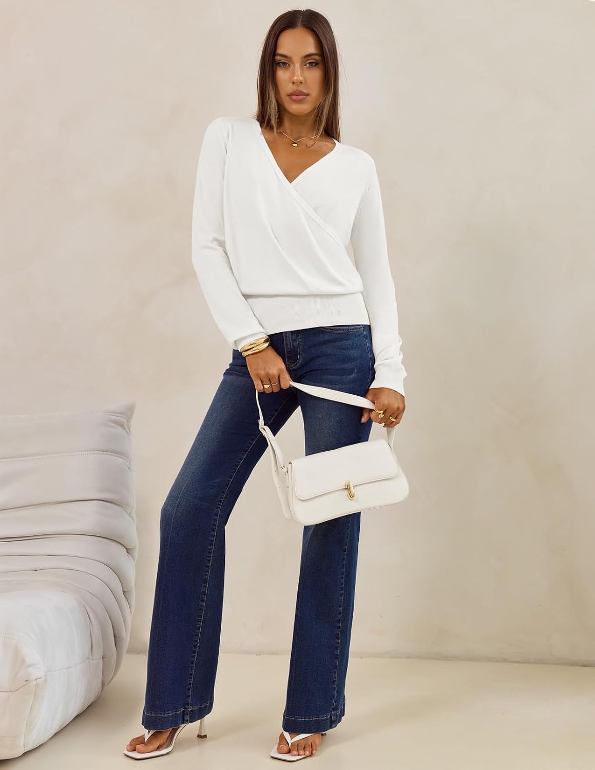 image:imageMEROKEETY 2026 Fall V Neck Wrap Sweaters for Women Knit Tops Long Sleeve Cozy Knit Hidden Snap Dressy Casual Pullover Shirts Fashion Jumper Fall Winter ClothingWhite