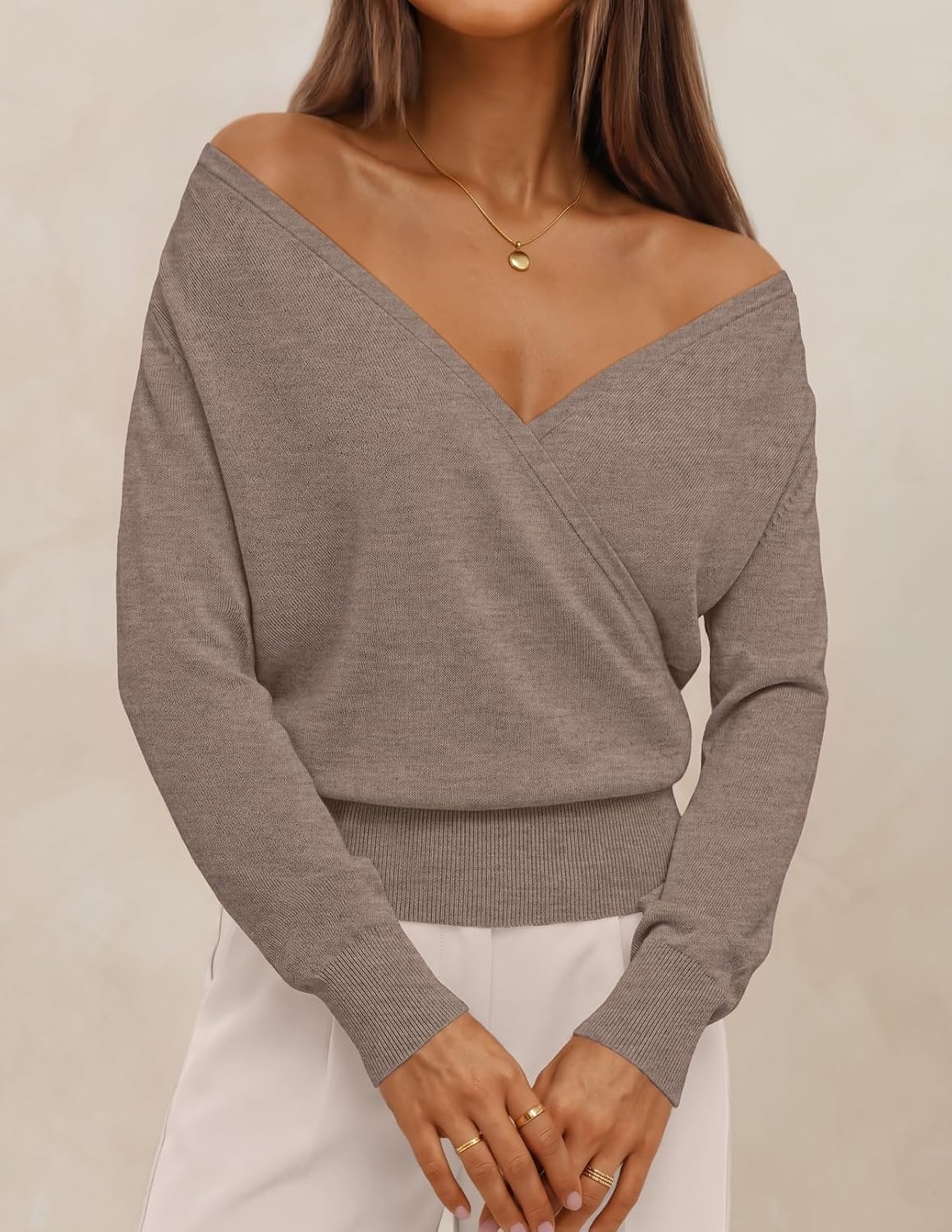 image:imageMEROKEETY 2026 Fall V Neck Wrap Sweaters for Women Knit Tops Long Sleeve Cozy Knit Hidden Snap Dressy Casual Pullover Shirts Fashion Jumper Fall Winter ClothingCamel