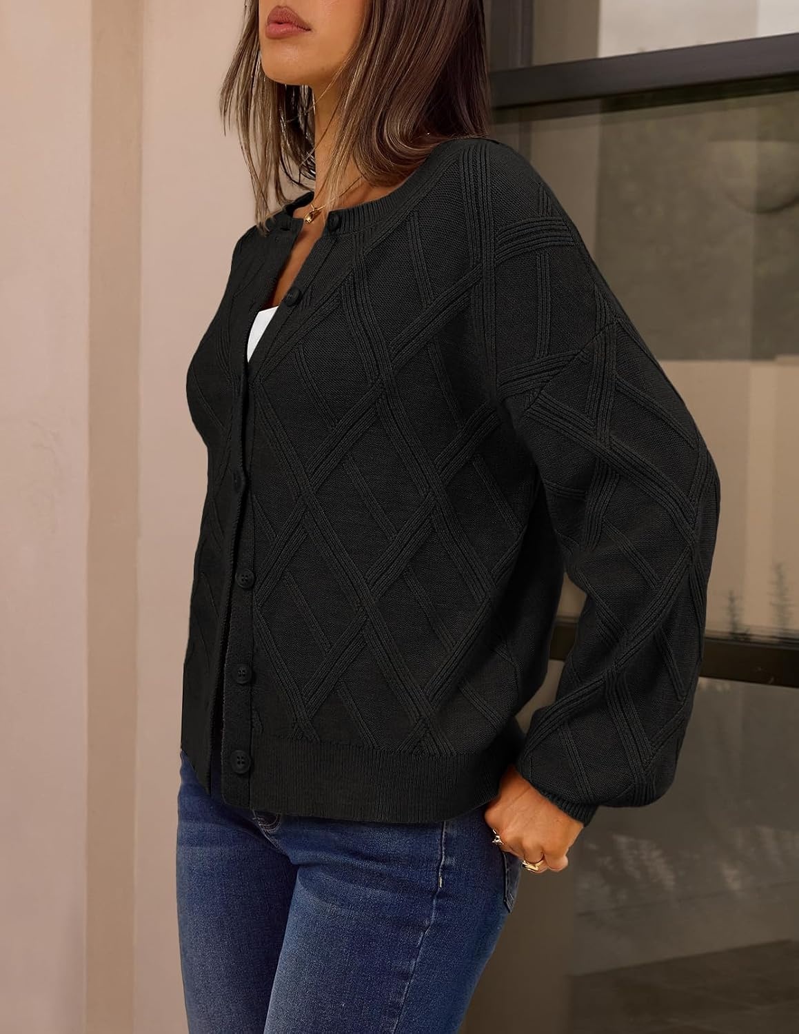 image:imageMEROKEETY Womens Cable Knit Cardigan Sweaters Trendy Button Up Long Lantern Sleeve Fall Sweater 2026 Open Front CoatsBlack