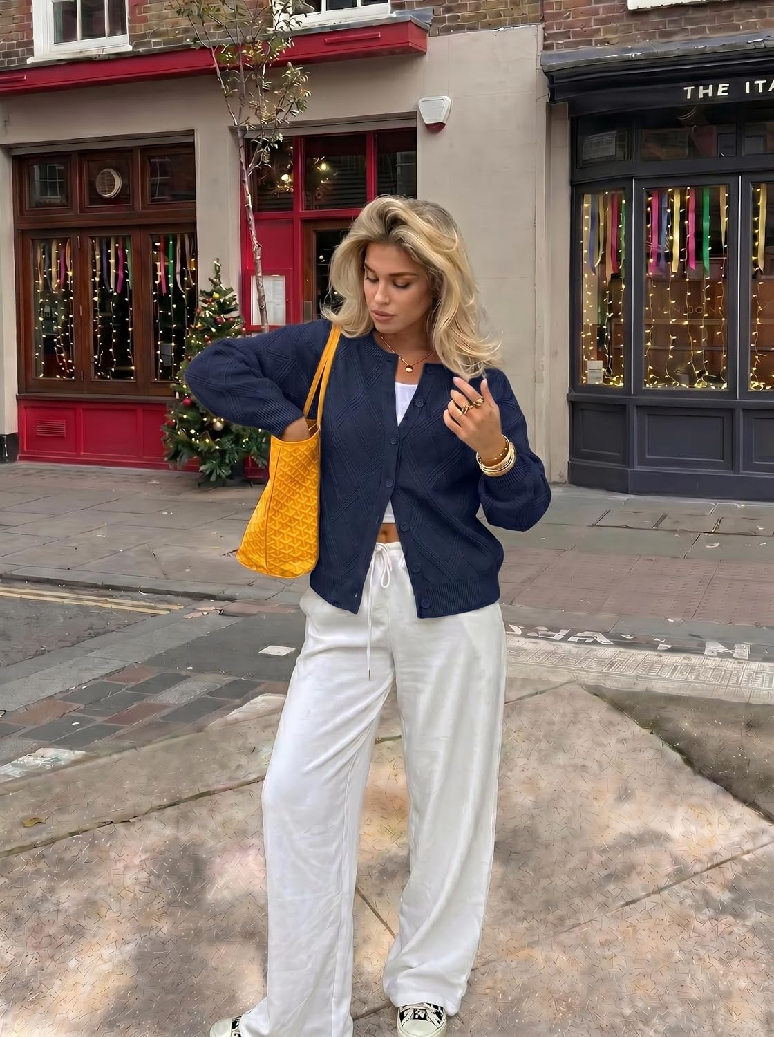 image:imageMEROKEETY Womens Cable Knit Cardigan Sweaters Trendy Button Up Long Lantern Sleeve Fall Sweater 2026 Open Front CoatsNavy