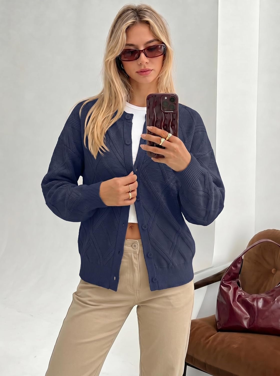 image:imageMEROKEETY Womens Cable Knit Cardigan Sweaters Trendy Button Up Long Lantern Sleeve Fall Sweater 2026 Open Front CoatsNavy