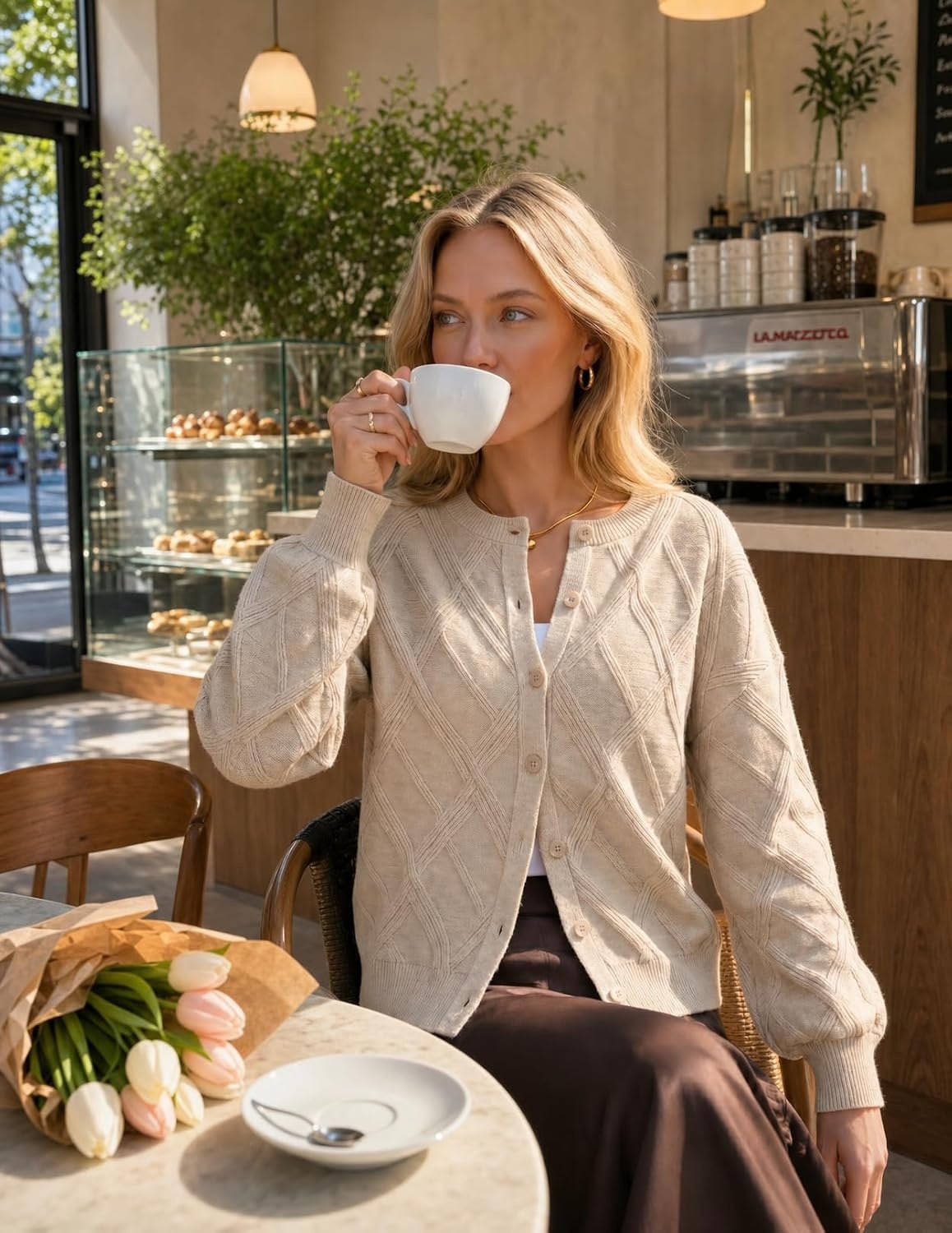 image:imageMEROKEETY Womens Cable Knit Cardigan Sweaters Trendy Button Up Long Lantern Sleeve Fall Sweater 2026 Open Front CoatsSand