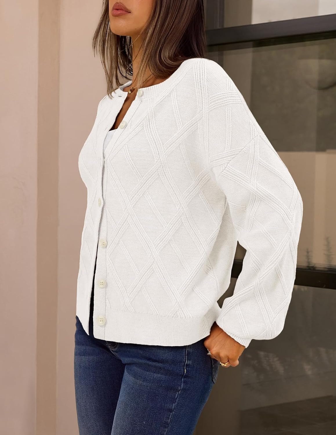 image:imageMEROKEETY Womens Cable Knit Cardigan Sweaters Trendy Button Up Long Lantern Sleeve Fall Sweater 2026 Open Front CoatsWhite