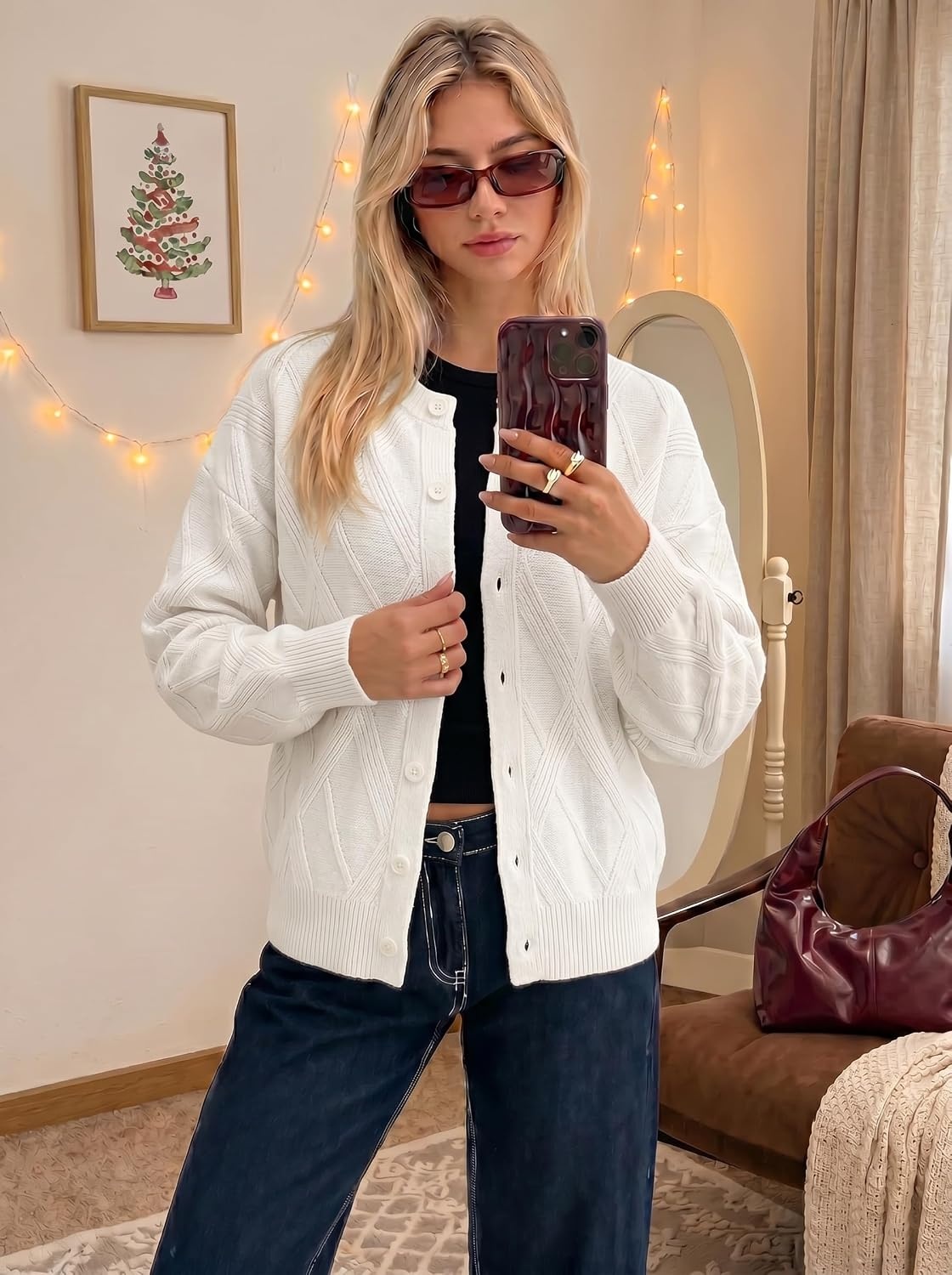 image:imageMEROKEETY Womens Cable Knit Cardigan Sweaters Trendy Button Up Long Lantern Sleeve Fall Sweater 2026 Open Front CoatsWhite