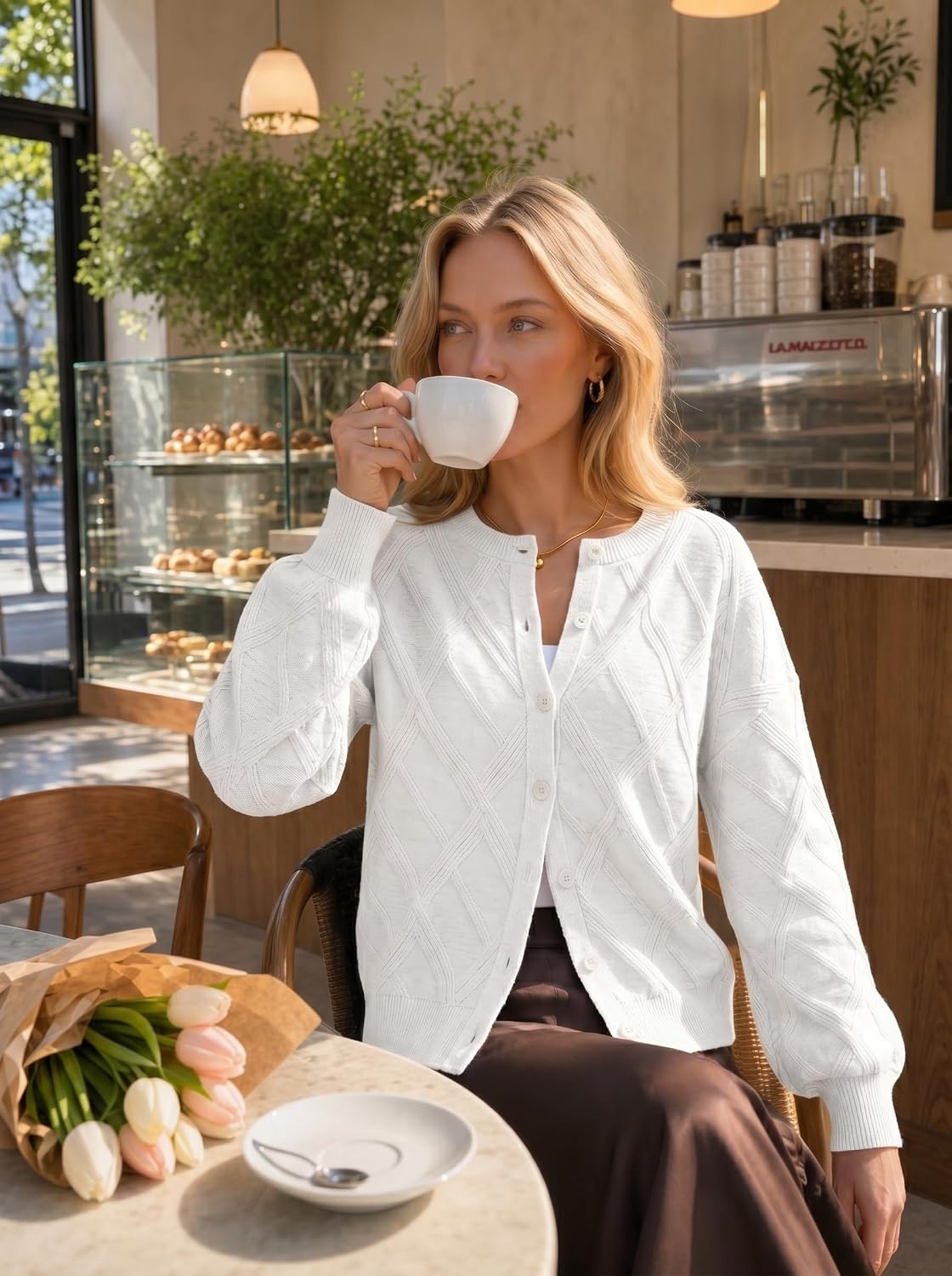 image:imageMEROKEETY Womens Cable Knit Cardigan Sweaters Trendy Button Up Long Lantern Sleeve Fall Sweater 2026 Open Front CoatsWhite