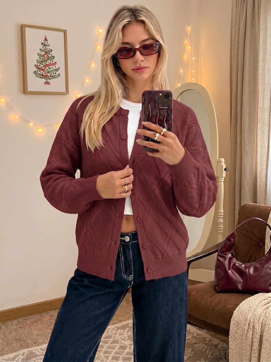 image:imageMEROKEETY Womens Cable Knit Cardigan Sweaters Trendy Button Up Long Lantern Sleeve Fall Sweater 2026 Open Front CoatsWinered