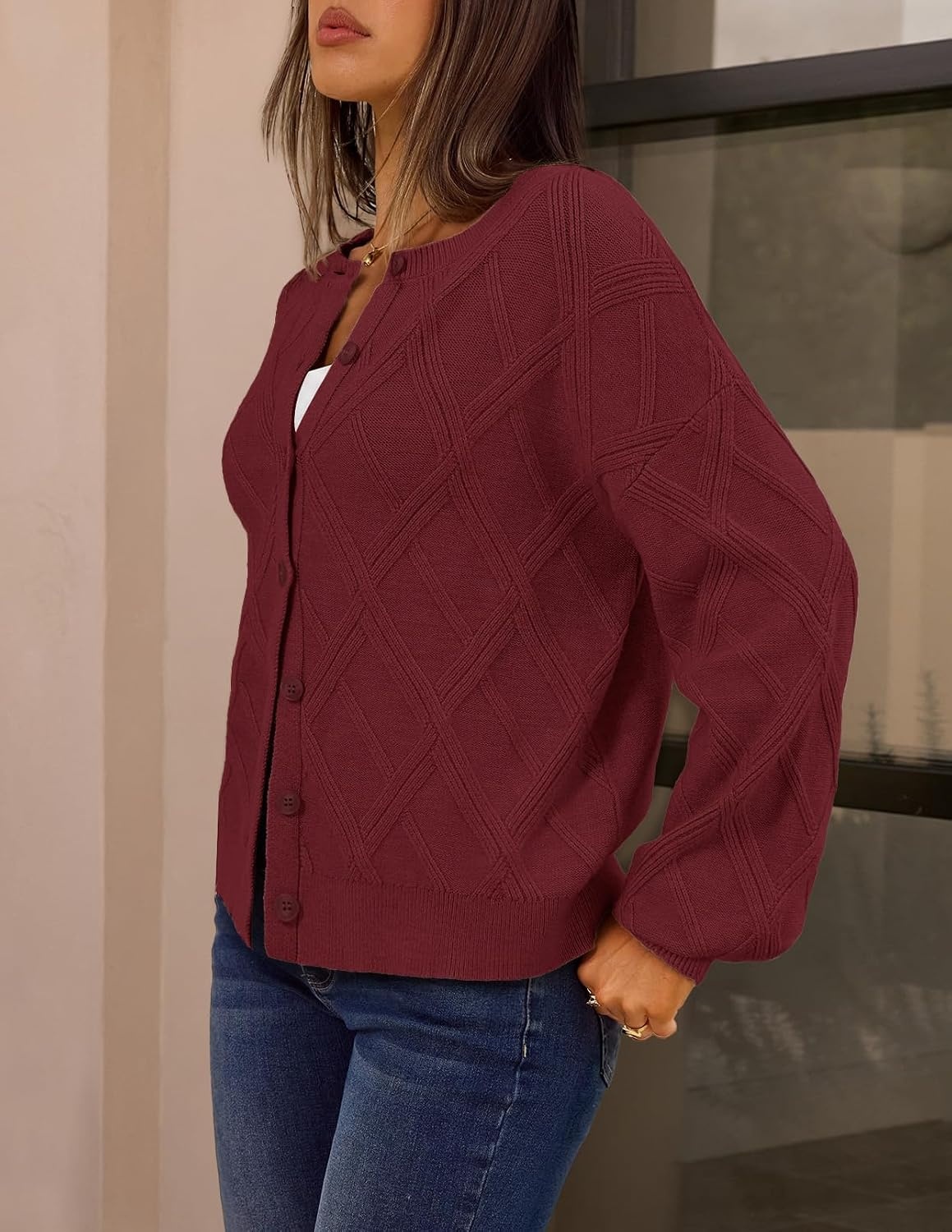 image:imageMEROKEETY Womens Cable Knit Cardigan Sweaters Trendy Button Up Long Lantern Sleeve Fall Sweater 2026 Open Front CoatsWinered
