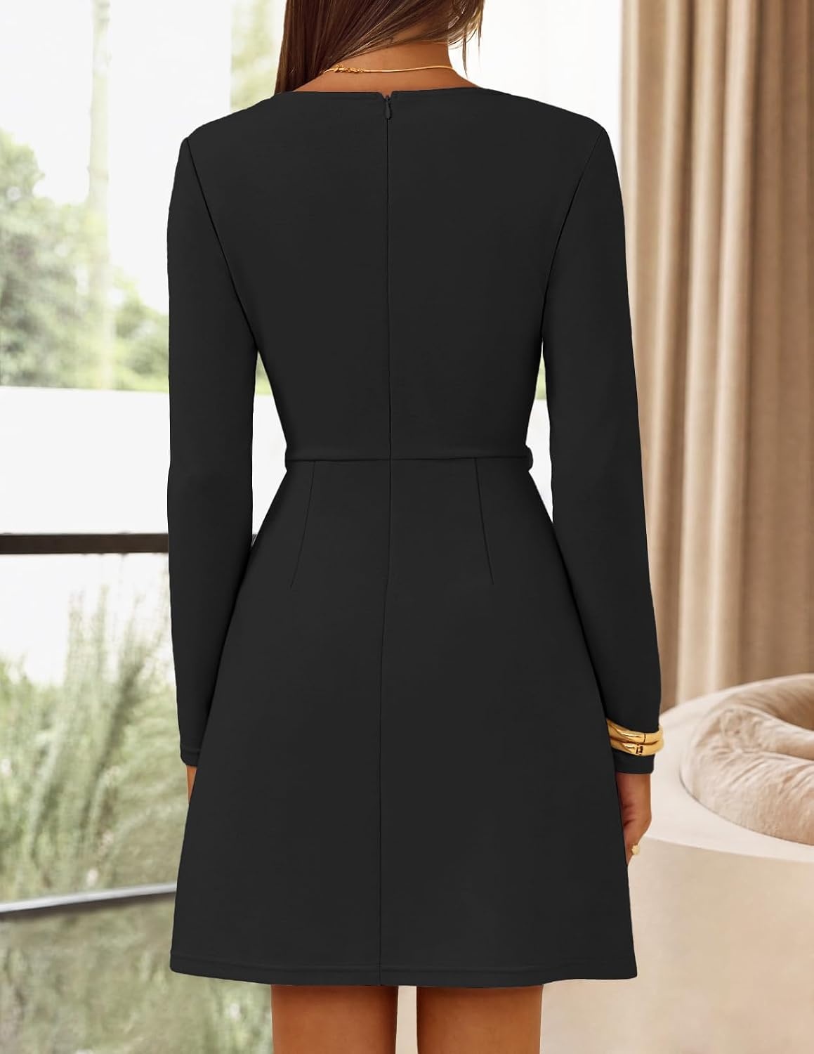 image:imageMEROKEETY Womens Fall Business Casual Work Office Long Sleeve Mini Dress A Line Bodycon Elegant Classy Cocktail Dinner Office Decorative Faux Pockets Floral Button Back Zipper Elastic BeltBlack