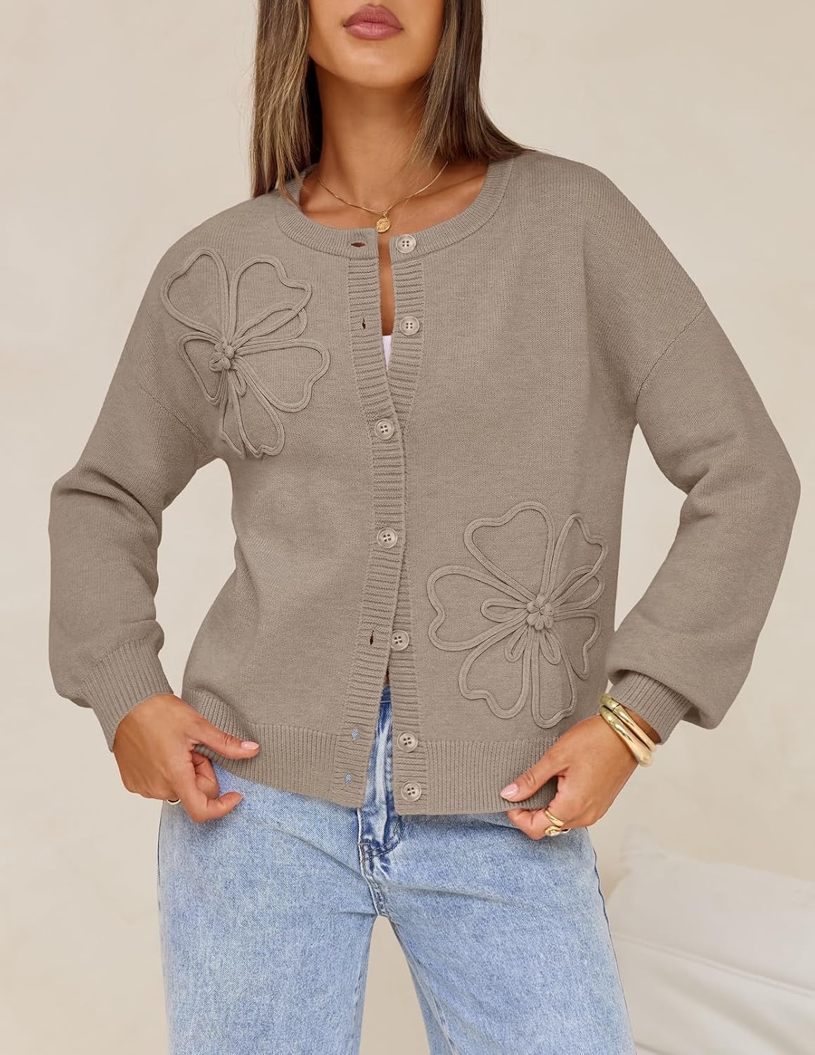 image:imageMEROKEETY Womens Fall Floral Button Up Cute Cozy Cardigan Sweaters Trendy Long Sleeve 3D Flowers Ribbed Knit Details Lightweight Knit Fabric Loose Fit Outfits Warm Coat 2026 Winter ClothesCamel