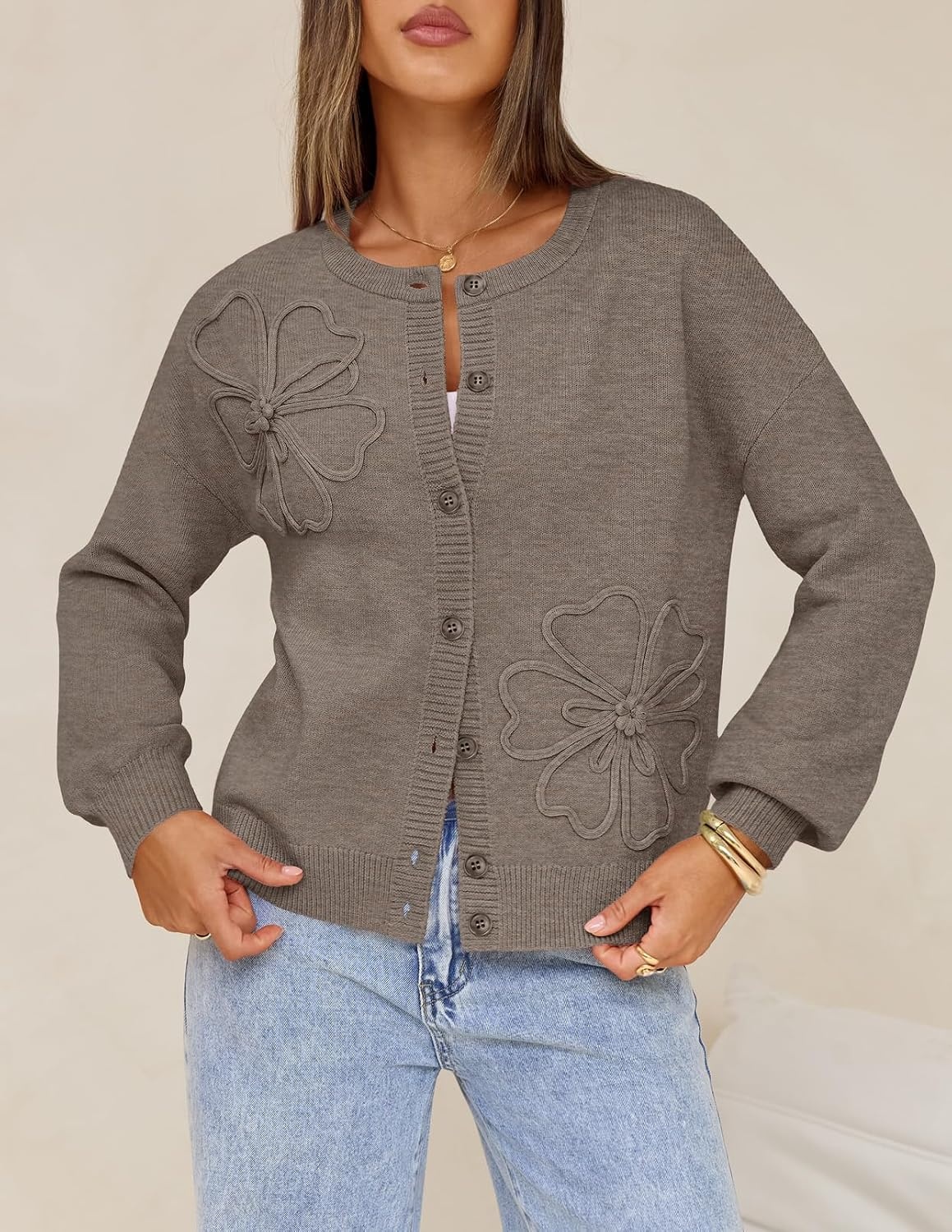 image:imageMEROKEETY Womens Fall Floral Button Up Cute Cozy Cardigan Sweaters Trendy Long Sleeve 3D Flowers Ribbed Knit Details Lightweight Knit Fabric Loose Fit Outfits Warm Coat 2026 Winter ClothesMocha