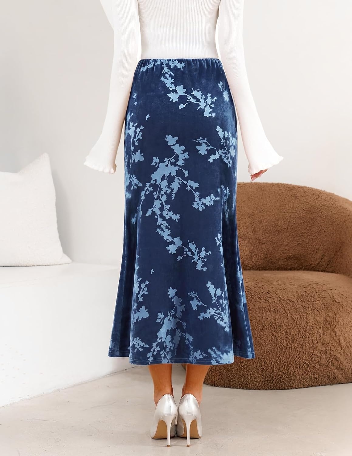 image:imageMEROKEETY Womens Fall Floral Velvet Maxi Skirt Floral Velvet Textured Mermaid Fishtail Hem Elastic High Waist Elegant Classy 2026 Trendy Long SkirtsBlue