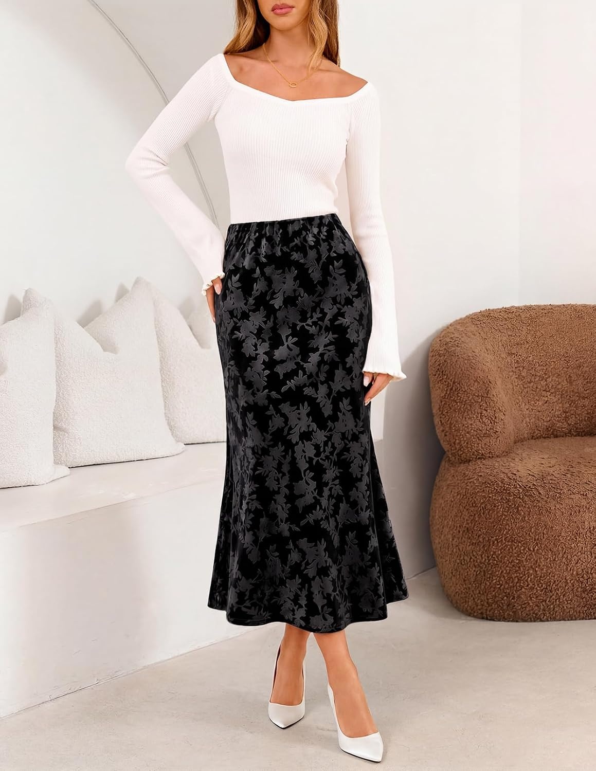 image:imageMEROKEETY Womens Fall Floral Velvet Maxi Skirt Floral Velvet Textured Mermaid Fishtail Hem Elastic High Waist Elegant Classy 2026 Trendy Long SkirtsBlack