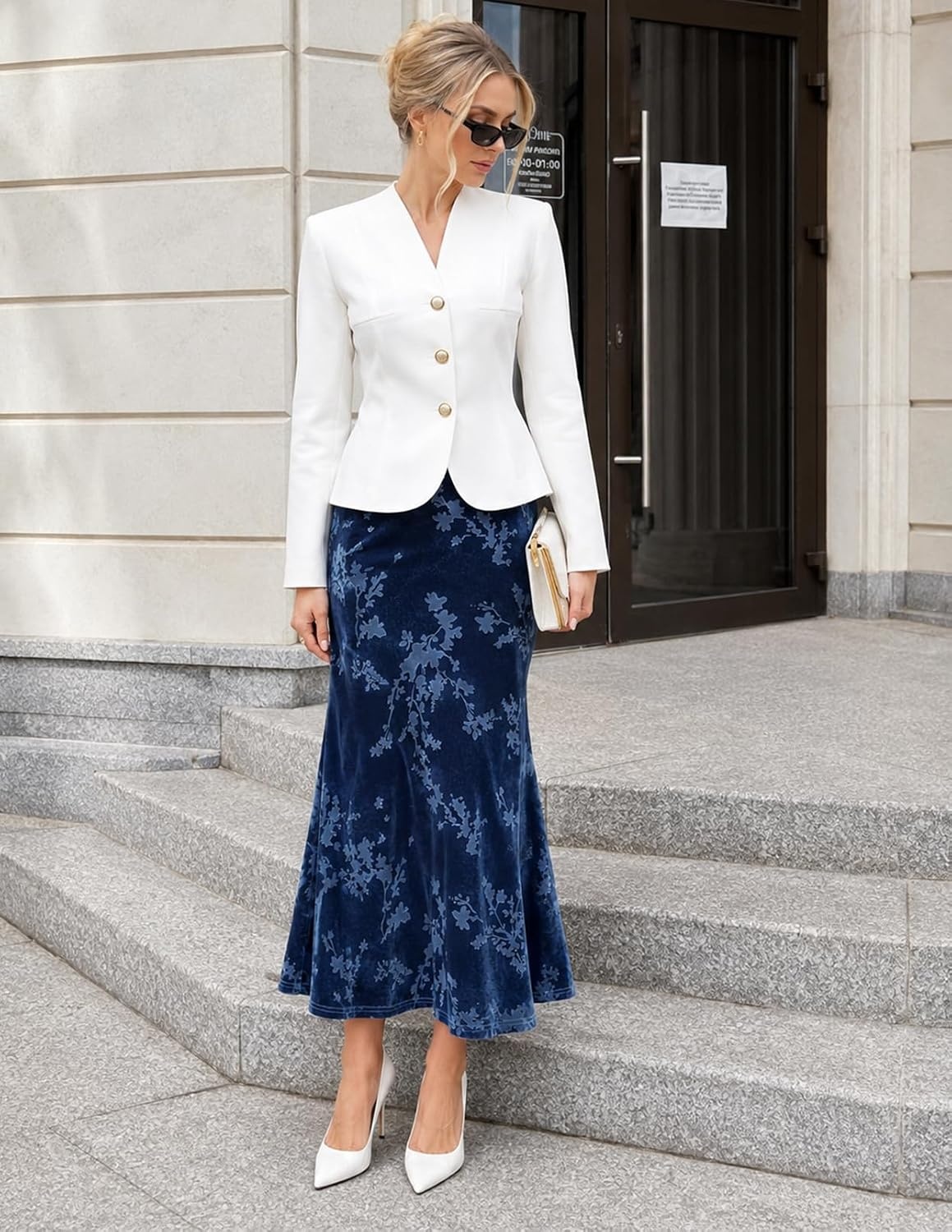 image:imageMEROKEETY Womens Fall Floral Velvet Maxi Skirt Floral Velvet Textured Mermaid Fishtail Hem Elastic High Waist Elegant Classy 2026 Trendy Long SkirtsBlue