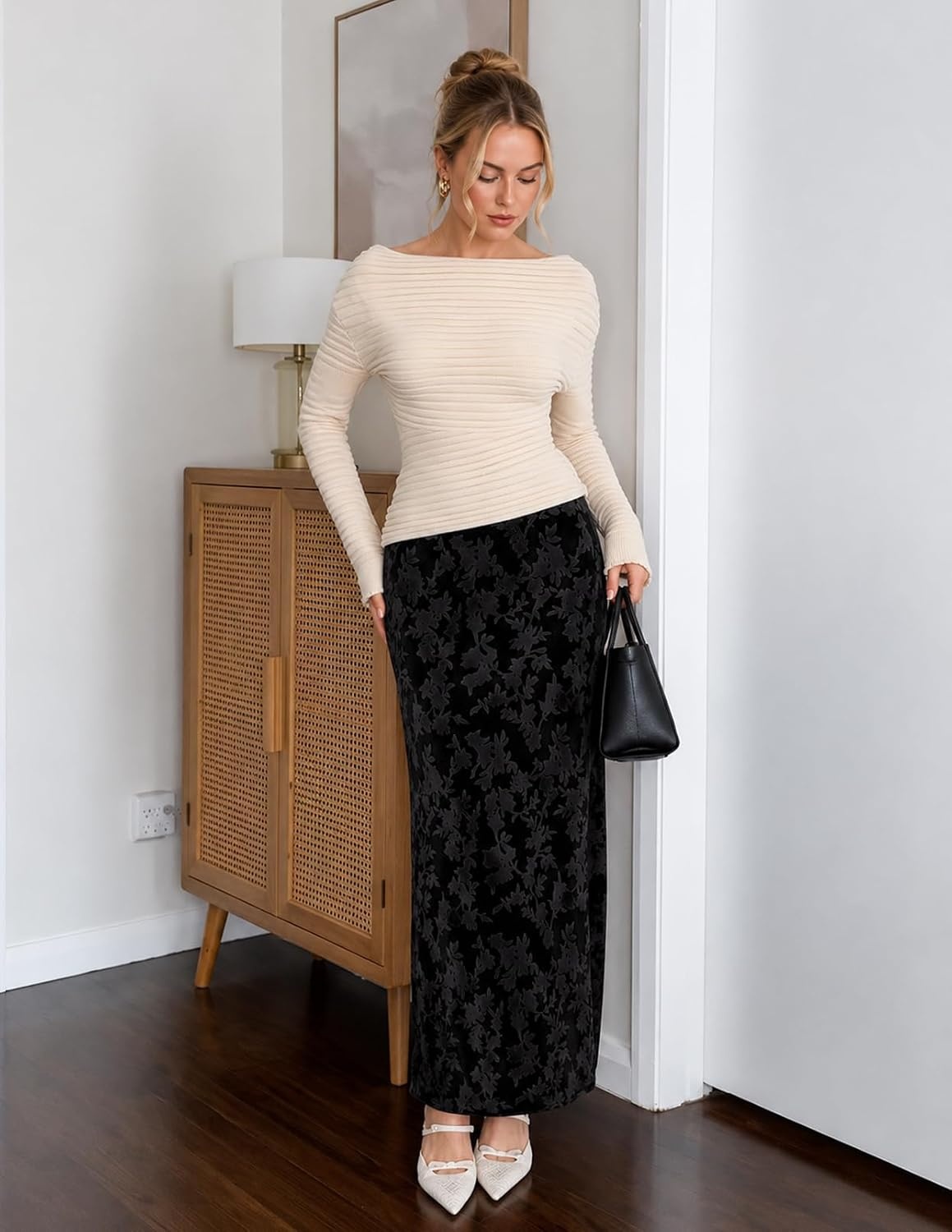 image:imageMEROKEETY Womens Fall Floral Velvet Maxi Skirt Floral Velvet Textured Mermaid Fishtail Hem Elastic High Waist Elegant Classy 2026 Trendy Long SkirtsBlack