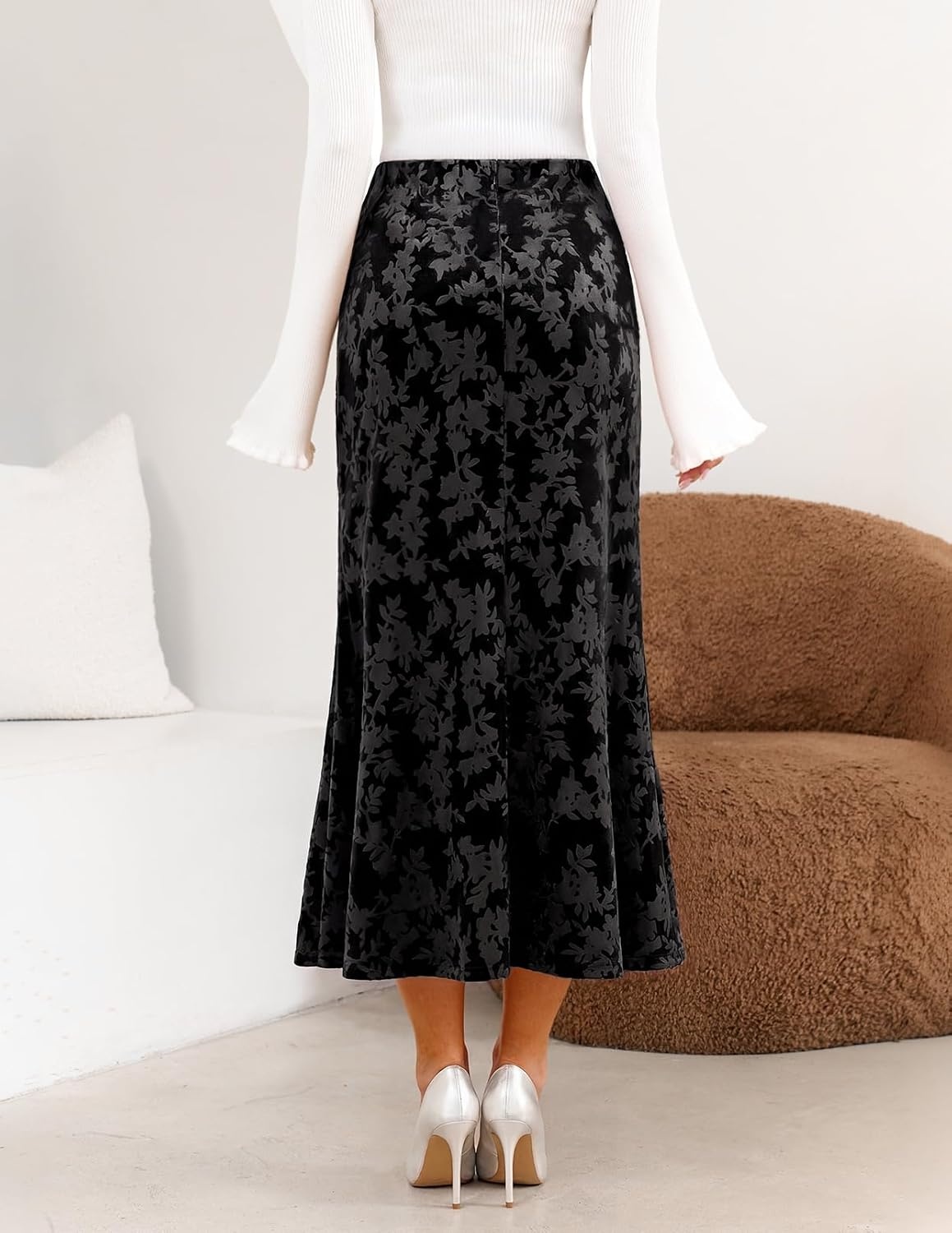 image:imageMEROKEETY Womens Fall Floral Velvet Maxi Skirt Floral Velvet Textured Mermaid Fishtail Hem Elastic High Waist Elegant Classy 2026 Trendy Long SkirtsBlack