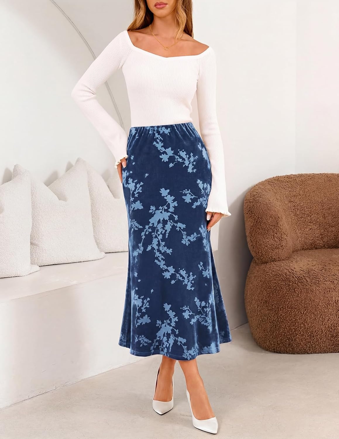 image:imageMEROKEETY Womens Fall Floral Velvet Maxi Skirt Floral Velvet Textured Mermaid Fishtail Hem Elastic High Waist Elegant Classy 2026 Trendy Long SkirtsBlue