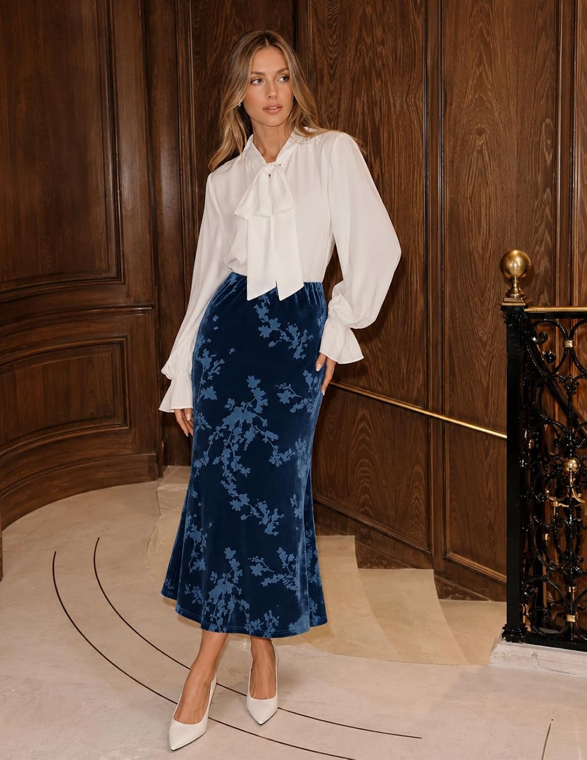 image:imageMEROKEETY Womens Fall Floral Velvet Maxi Skirt Floral Velvet Textured Mermaid Fishtail Hem Elastic High Waist Elegant Classy 2026 Trendy Long SkirtsBlue