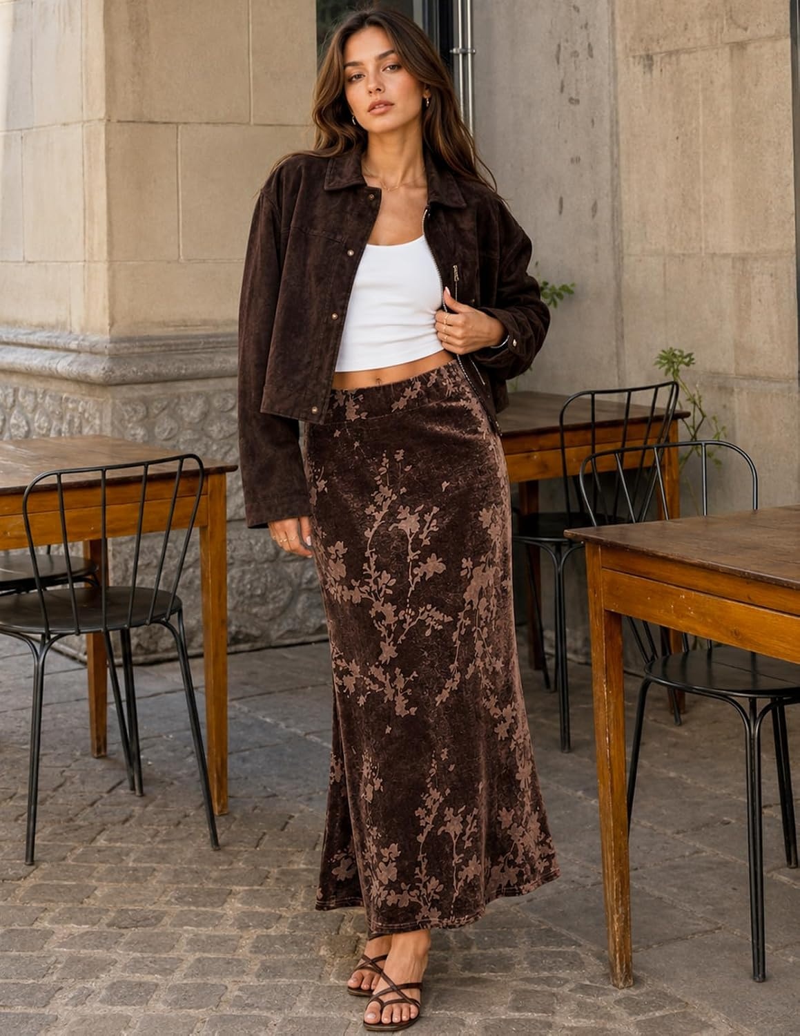 image:imageMEROKEETY Womens Fall Floral Velvet Maxi Skirt Floral Velvet Textured Mermaid Fishtail Hem Elastic High Waist Elegant Classy 2026 Trendy Long SkirtsCoffee