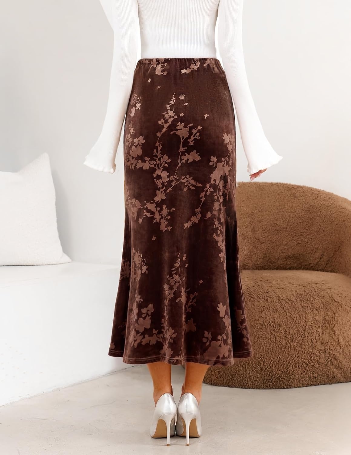 image:imageMEROKEETY Womens Fall Floral Velvet Maxi Skirt Floral Velvet Textured Mermaid Fishtail Hem Elastic High Waist Elegant Classy 2026 Trendy Long SkirtsCoffee