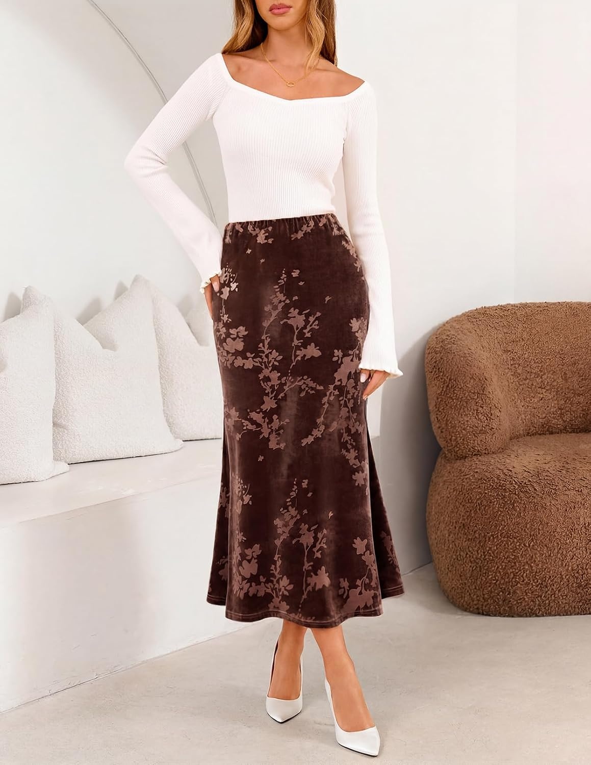 image:imageMEROKEETY Womens Fall Floral Velvet Maxi Skirt Floral Velvet Textured Mermaid Fishtail Hem Elastic High Waist Elegant Classy 2026 Trendy Long SkirtsCoffee