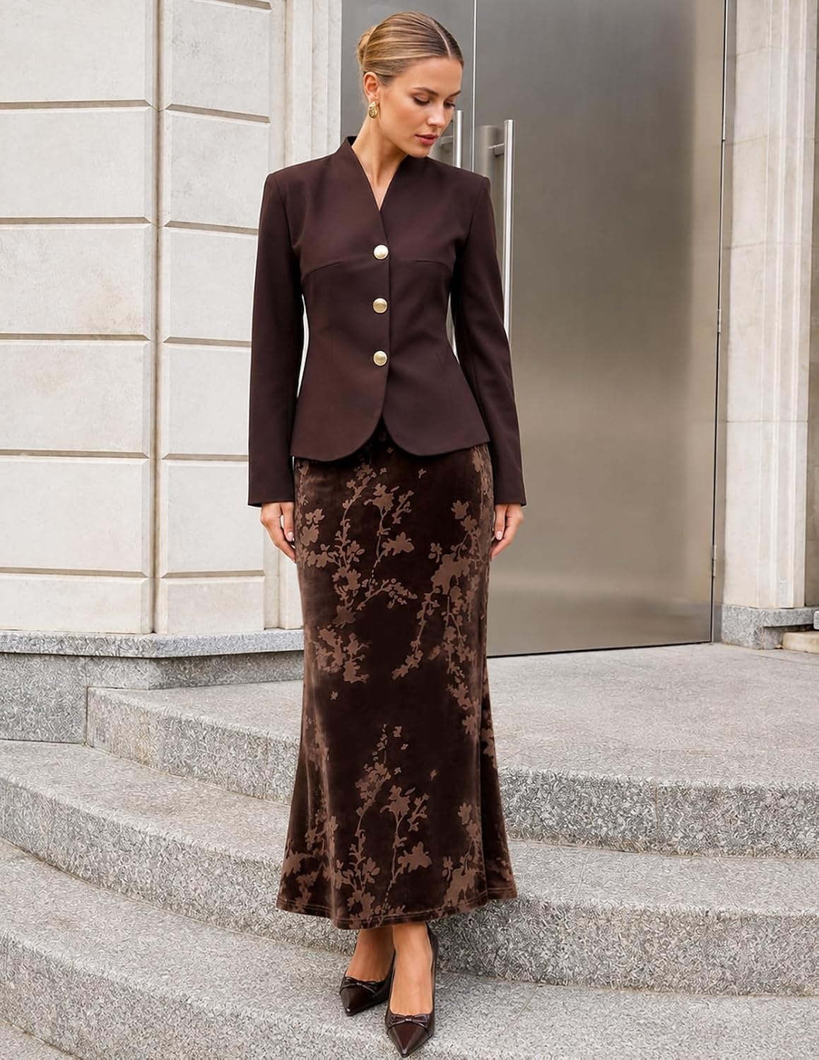 image:imageMEROKEETY Womens Fall Floral Velvet Maxi Skirt Floral Velvet Textured Mermaid Fishtail Hem Elastic High Waist Elegant Classy 2026 Trendy Long SkirtsCoffee