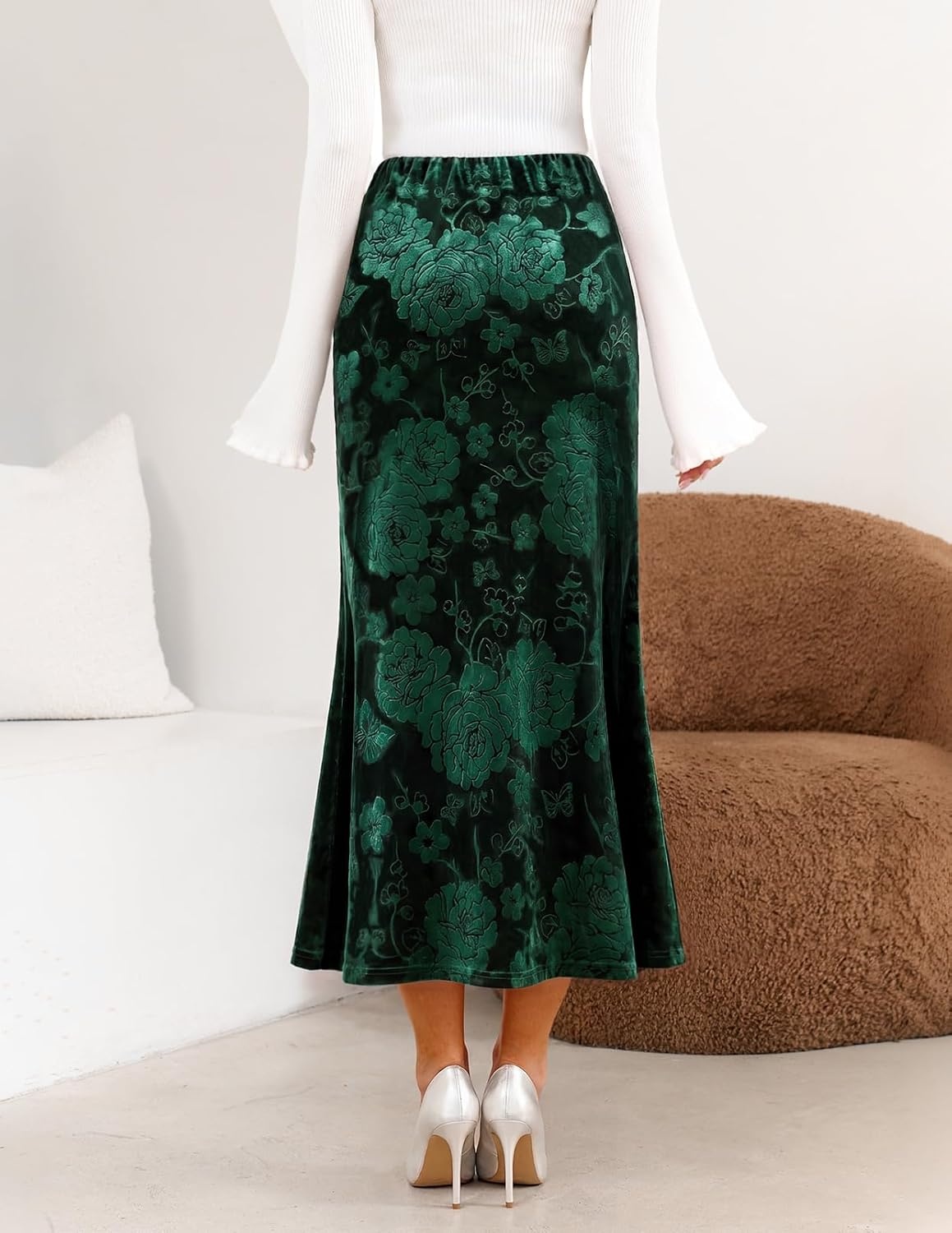 image:imageMEROKEETY Womens Fall Floral Velvet Maxi Skirt Floral Velvet Textured Mermaid Fishtail Hem Elastic High Waist Elegant Classy 2026 Trendy Long SkirtsGreen