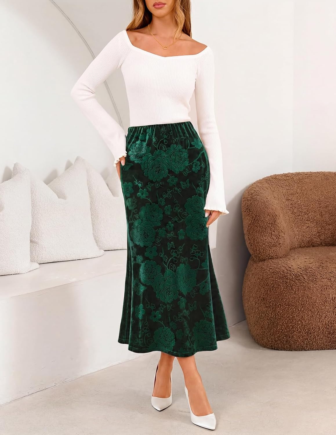 image:imageMEROKEETY Womens Fall Floral Velvet Maxi Skirt Floral Velvet Textured Mermaid Fishtail Hem Elastic High Waist Elegant Classy 2026 Trendy Long SkirtsGreen