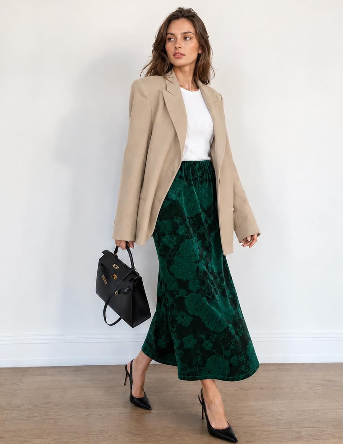 image:imageMEROKEETY Womens Fall Floral Velvet Maxi Skirt Floral Velvet Textured Mermaid Fishtail Hem Elastic High Waist Elegant Classy 2026 Trendy Long SkirtsGreen