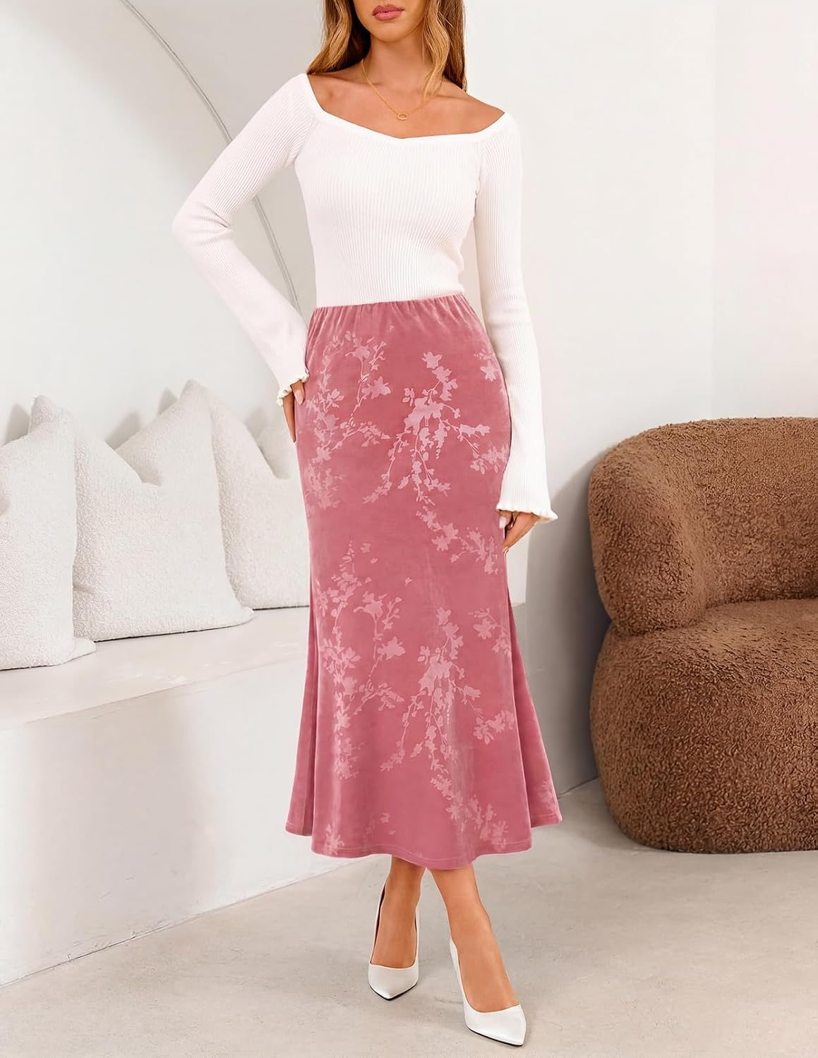 image:imageMEROKEETY Womens Fall Floral Velvet Maxi Skirt Floral Velvet Textured Mermaid Fishtail Hem Elastic High Waist Elegant Classy 2026 Trendy Long SkirtsPink