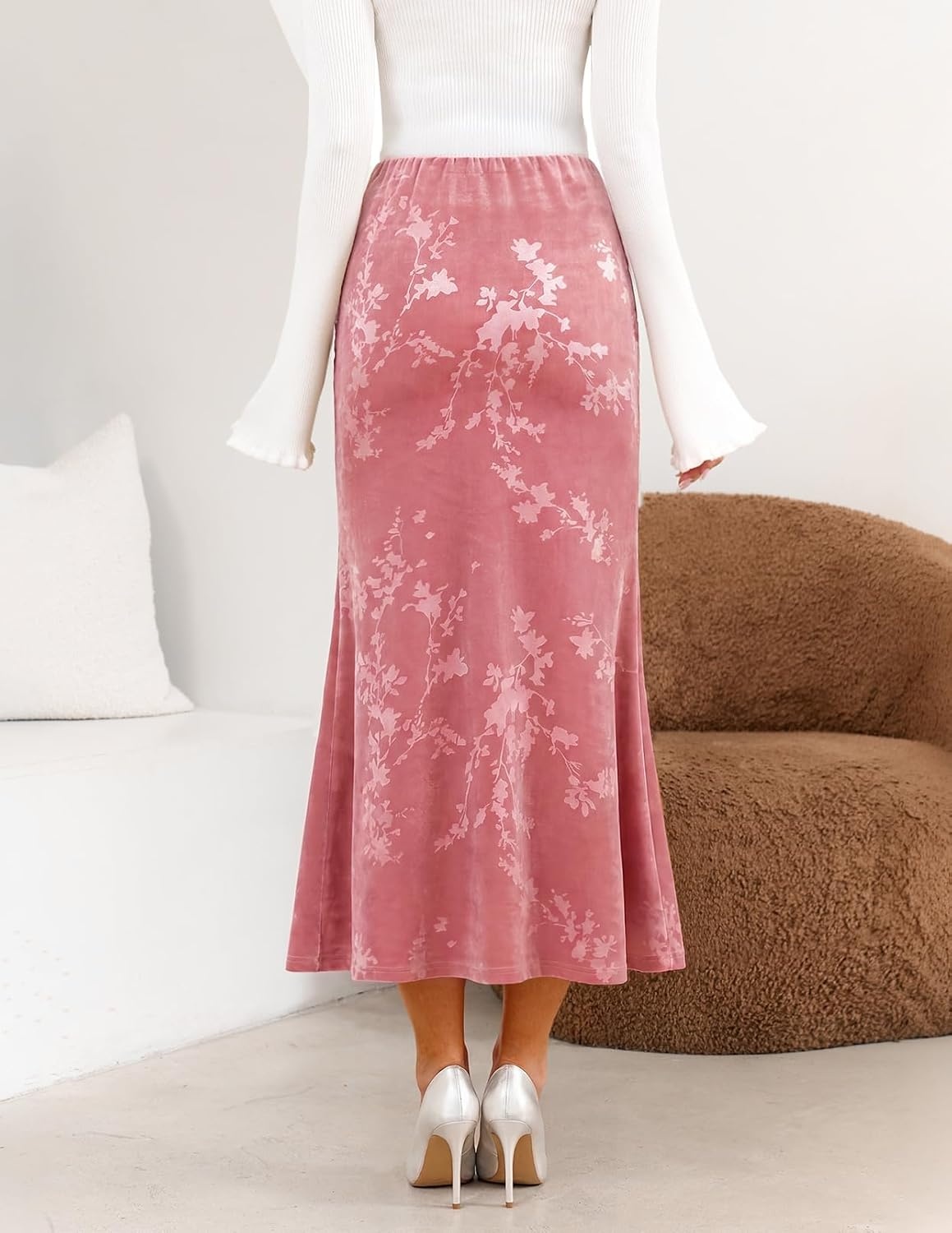 image:imageMEROKEETY Womens Fall Floral Velvet Maxi Skirt Floral Velvet Textured Mermaid Fishtail Hem Elastic High Waist Elegant Classy 2026 Trendy Long SkirtsPink