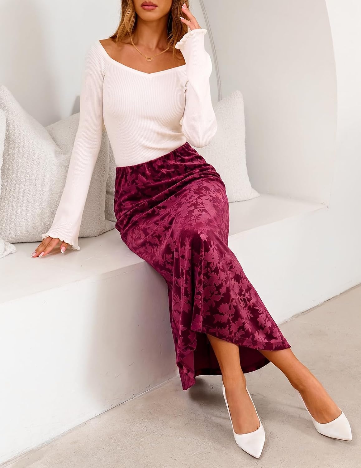 image:imageMEROKEETY Womens Fall Floral Velvet Maxi Skirt Floral Velvet Textured Mermaid Fishtail Hem Elastic High Waist Elegant Classy 2026 Trendy Long SkirtsWine