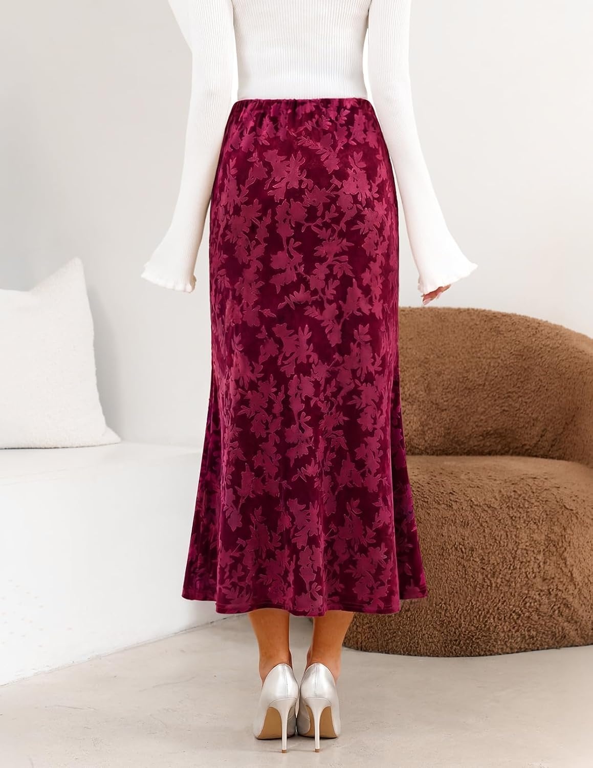 image:imageMEROKEETY Womens Fall Floral Velvet Maxi Skirt Floral Velvet Textured Mermaid Fishtail Hem Elastic High Waist Elegant Classy 2026 Trendy Long SkirtsWine