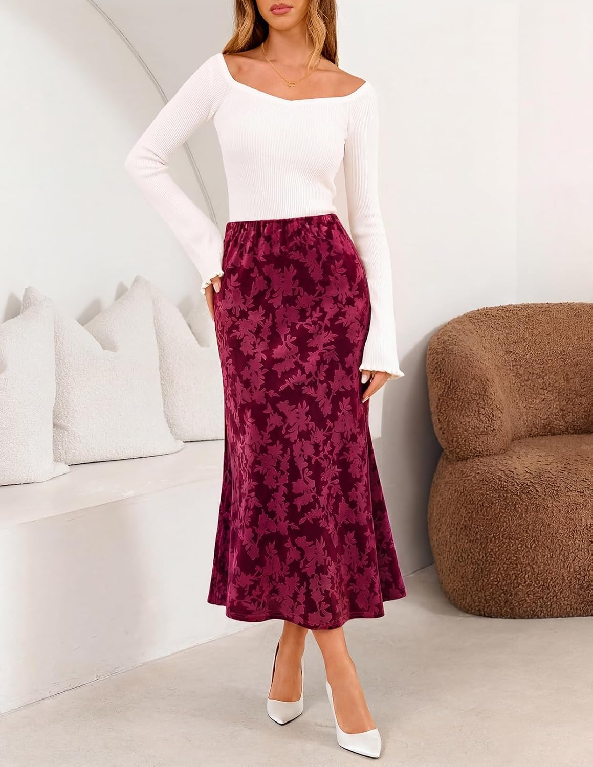 image:imageMEROKEETY Womens Fall Floral Velvet Maxi Skirt Floral Velvet Textured Mermaid Fishtail Hem Elastic High Waist Elegant Classy 2026 Trendy Long SkirtsWine
