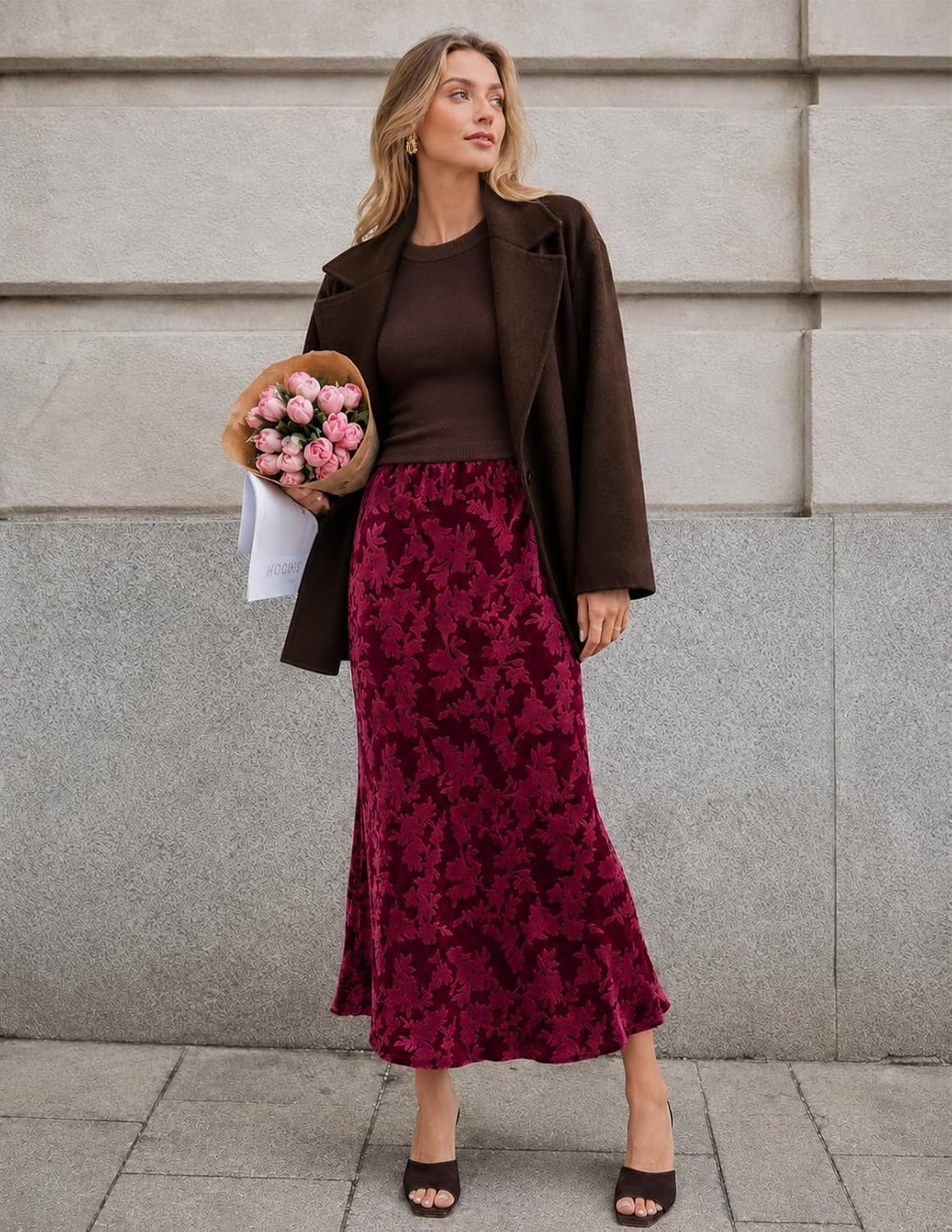 image:imageMEROKEETY Womens Fall Floral Velvet Maxi Skirt Floral Velvet Textured Mermaid Fishtail Hem Elastic High Waist Elegant Classy 2026 Trendy Long SkirtsWine