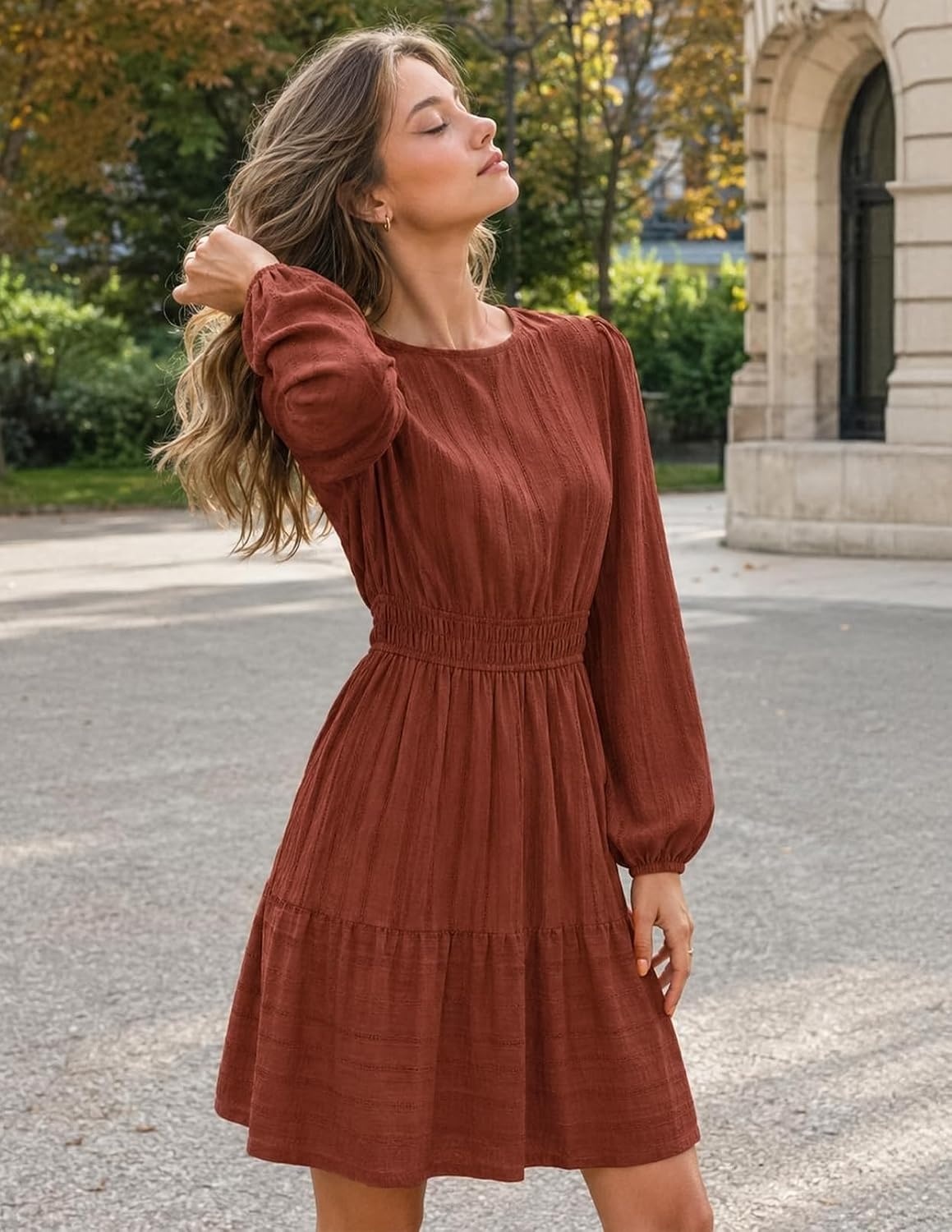 image:imageMEROKEETY Womens Fall Long Puff Sleeve Casual Boho Flowy Dress Crew Neck Elastic Waist Tiered Ruffle Hem Cotton A Line Mini Vacation Dresses Bridal Shower Cocktail Date Night OutfitsBrown Red