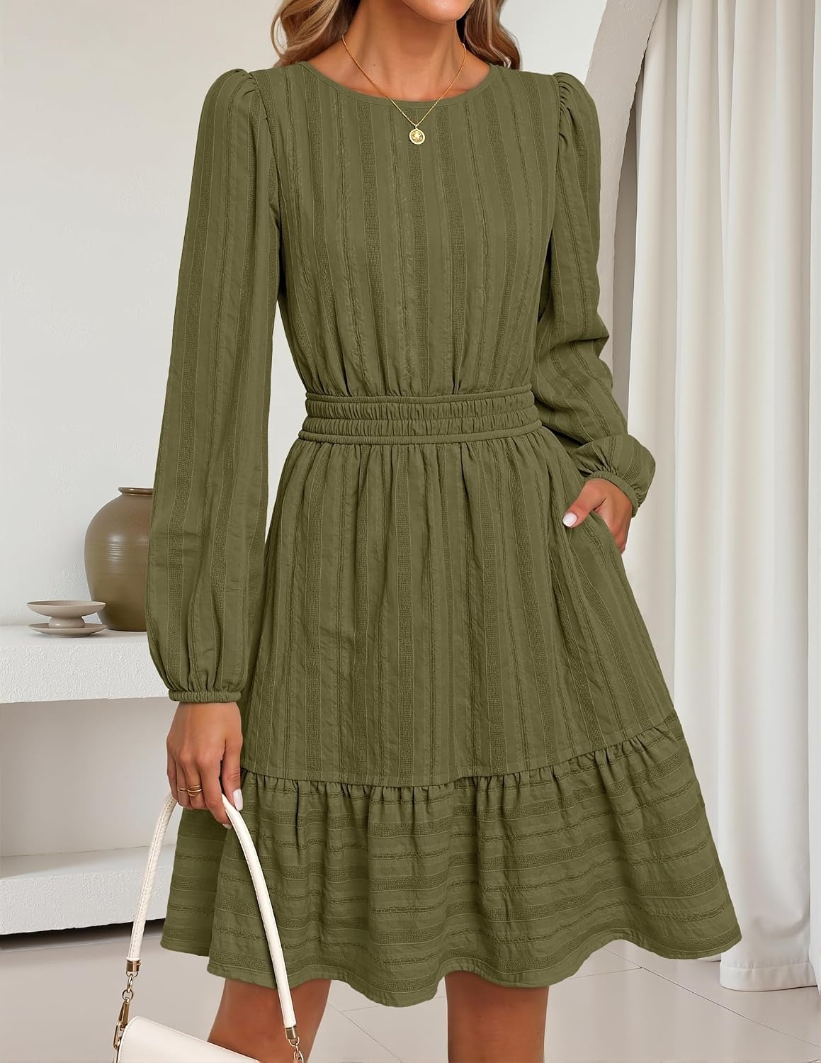 image:imageMEROKEETY Womens Fall Long Puff Sleeve Casual Boho Flowy Dress Crew Neck Elastic Waist Tiered Ruffle Hem Cotton A Line Mini Vacation Dresses Bridal Shower Cocktail Date Night OutfitsArmy
