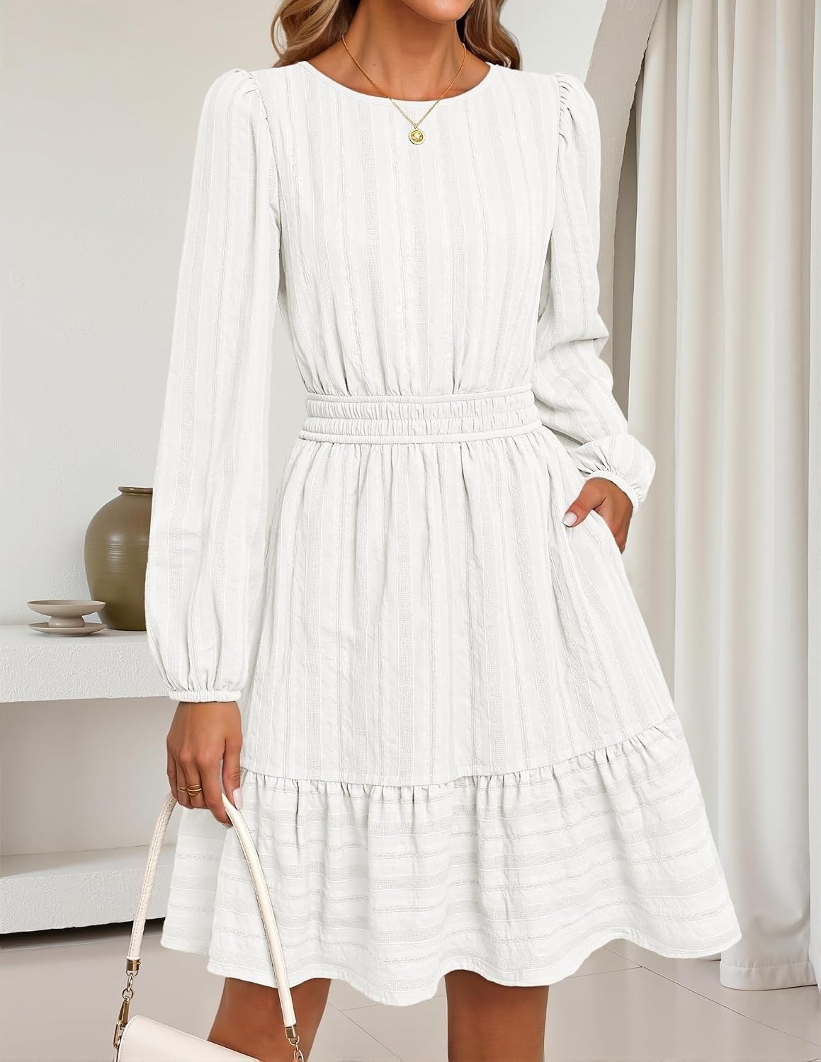 image:imageMEROKEETY Womens Fall Long Puff Sleeve Casual Boho Flowy Dress Crew Neck Elastic Waist Tiered Ruffle Hem Cotton A Line Mini Vacation Dresses Bridal Shower Cocktail Date Night OutfitsWhite